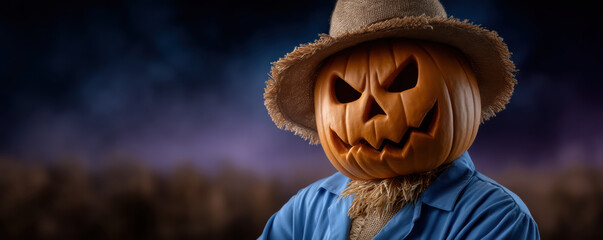Scarecrow with carved pumpkin head wearing straw hat and blue shirt stands in dark autumn field under moody sky