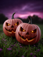 Two glowing jack o lanterns with menacing expressions sit on grassy meadow at twilight, creating spooky Halloween atmosphere
