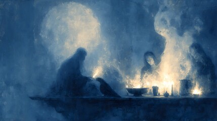 A silhouetted figure sits at a table with a raven, facing a glowing fire. Other figures appear in the background. The scene is in blue hues.