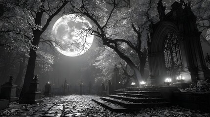 A large, full moon illuminates a gothic cemetery at night.  Trees surround an ornate archway and steps, with a dark, foggy atmosphere.