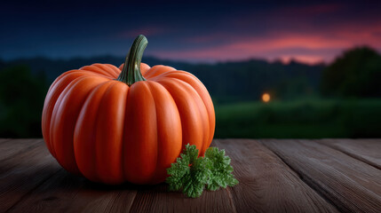 Large orange pumpkin on wooden table with green leaves, set against sunset background in rural field
