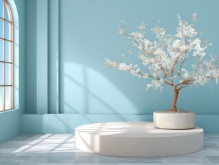 Minimalist display podium with flowering tree against a light blue wall.