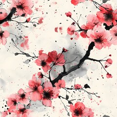 A floral illustration showcases pink cherry blossoms blooming on black branches against a creamy, textured background with ink splatters.
