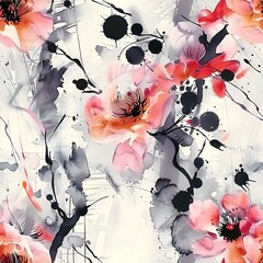An abstract artwork displaying watercolor flowers in various stages of bloom, complemented by ink splatters and delicate black lines. The image evokes a sense of freshness.