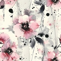 The image displays multiple stylized pink flowers with black centers and dark gray leaves against a creamy white background. Black paint splatters and strokes add texture.