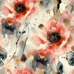 A seamless floral pattern features large, stylized flowers in shades of pink and red with black and gold accents on a white background.