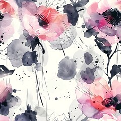 An abstract watercolor painting displays a seamless pattern of delicate floral elements in shades of pink, gray, and black against a white background.
