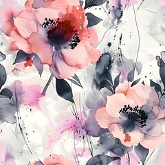 The image features two large, watercolor-style flowers with pink, red, and purple hues. Dark gray leaves and abstract splatters complete the delicate composition.
