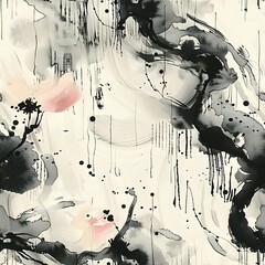 Abstract artwork showcases black ink splatters, drips, and shapes with pale pink floral elements against a cream-colored background. This creates a sense of movement.