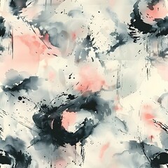 The image displays an abstract composition with layered watercolor washes and splatters in shades of grey, pink, and black. A pattern is formed by the design.