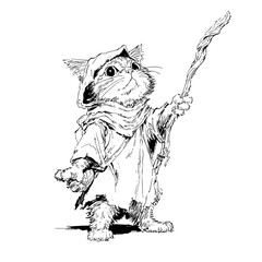A cat wearing a hooded robe and holding a staff stands against a white background. The black-and-white illustration displays a curious feline.