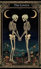 Two skeletal figures holding hands, set against a starry night sky with crescent moons. Floral elements and a landscape frame the figures.