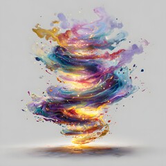 A swirling, colorful vortex of paint-like forms, radiating light, swirls up from a glowing, flat surface against a white background.