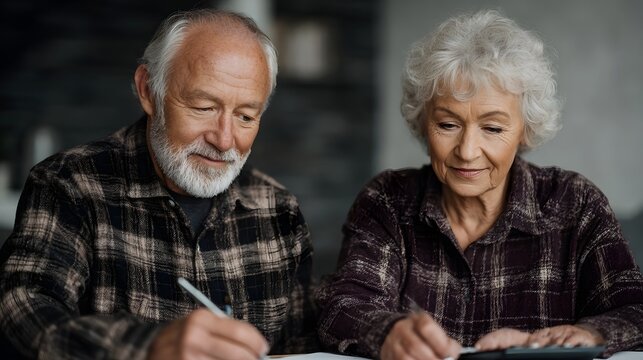 Elderly couple planning finances together at home with calculator and notepad