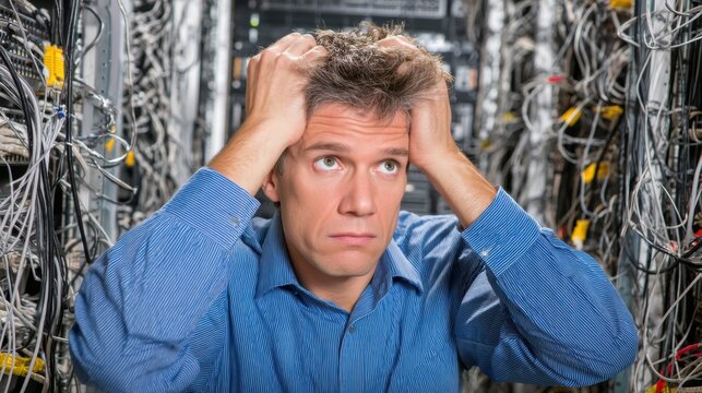 A frustrated man in a server room surrounded by tangled network cables, holding his head in stress - Powered by Adobe