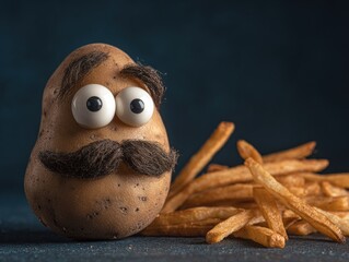 A potato with funny eyes and mustache alongside french fries.
