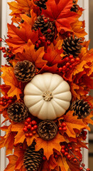 Naklejka premium White pumpkin nestled among orange maple leaves, pine cones, and red berries Autumnal arrangement, symbolizing harvest, Thanksgiving, fall season