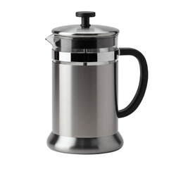 Stainless steel French press coffee maker on white background for International Coffee Day  