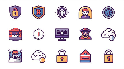 Digital Security Icons Collection Representing Cybersecurity, Data Protection, Online Privacy, and Network Safety Concepts for Modern Technology Applications