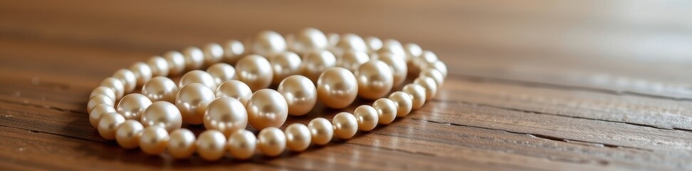 Elegant pearl arrangement on smooth wood, lustrous spheres reflecting light, soft focus, luxurious texture, jewelry, pearl necklace, spheres