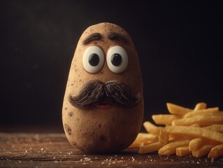 A potato with a funny face and a mustache, next to some french fries.