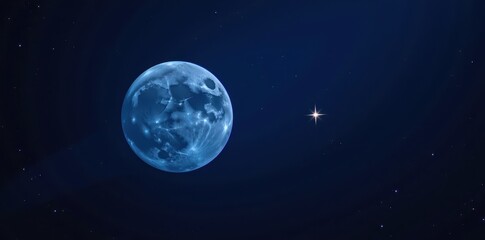 Naklejka premium Full blue moon glowing brightly against a dark night sky, single star twinkling nearby, heavens, full moon