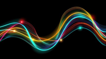 Colorful abstract light waves curve dynamically on a black background, creating a vibrant, energetic visual effect