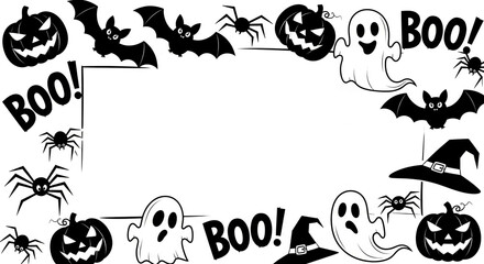 Black and white Halloween frame with pumpkins, bats, spiders, ghosts, and witch hat, offering free space for text or images, ideal for invitations or Halloween themed designs
