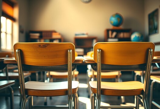 A classroom interior with two empty chairs in the foreground, ready for students.
