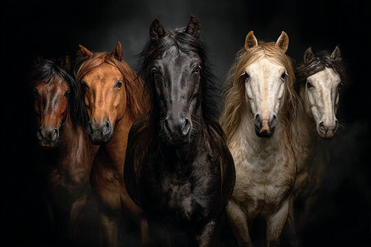 Five different horses standing against black background