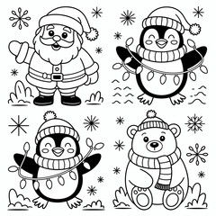 Christmas, coloring, Santa, penguin, bear, winter, festive, cartoon, cute, holiday, printable, kids, art, black, white, lineart, animal, snow, December, Northpole, gift, merry, joy, scarf, hat, charac