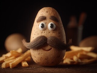 A potato with a funny face and mustache, alongside french fries.