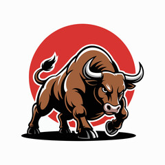 bull, charging, mascot, logo, illustration, cartoon, vector, strong, aggressive, power, red, energy, force, beast, animal, wild, fierce, muscular, horned, dynamic, bold, angry, stance, motion, graphic