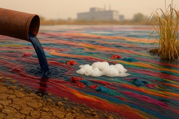 Textile dye wastewater causing toxic water pollution with multicolored river flow