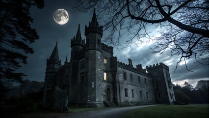 Obraz premium Dark spooky castle at night. scary medieval gothic palace on full moon background. old grim mansion