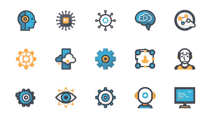 Fototapeta premium Vibrant Set of Flat Design Icons Representing Artificial Intelligence, Machine Learning, and Data Science Concepts for Modern Technology