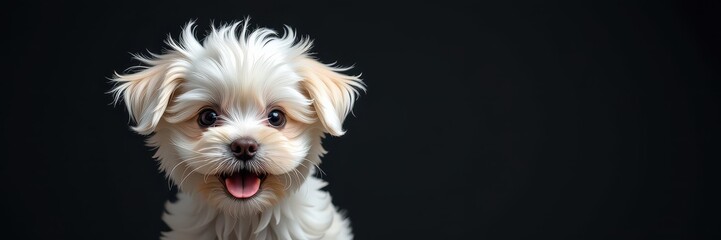 Adorable white puppy against a dark background, fluffy fur, big eyes, playful expression, pet photography, ears