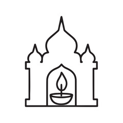 Temple with diya outline vector icon on white background