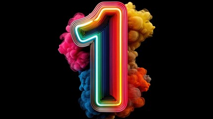 A vibrant, multicolored number one with swirling clouds of colored smoke on a black background