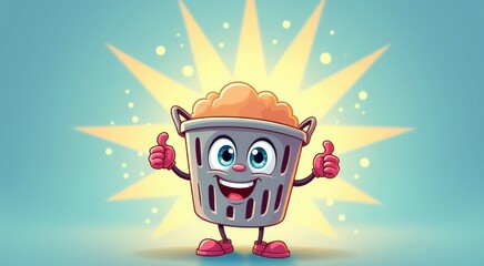 Cartoon trash can with thumbs up and a sunburst behind it