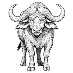 buffalo, sketch, drawing, illustration, animal, wildlife, nature, safari, Africa, horns, bovid, mammal, ink, pencil, monochrome, contour, lineart, graphic, bull, beast, wild, creature, fauna, rustic, 