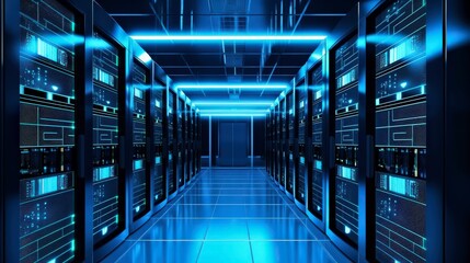 Obraz premium Vast Digital Network Server Room with Blue Lights and Technology