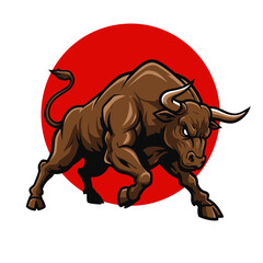 bull, charging, mascot, logo, illustration, cartoon, vector, strong, aggressive, power, red, energy, force, beast, animal, wild, fierce, muscular, horned, dynamic, bold, angry, stance, motion, graphic