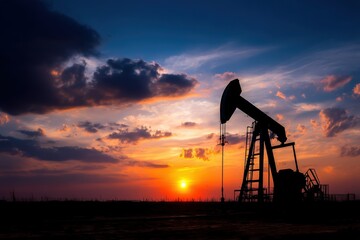 An oil pump jack stands silhouetted against a vibrant sunset sky with dramatic clouds on the horizon