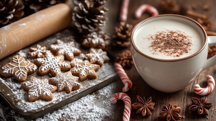 Cup of coffee and cookies on a table christmas background copy space