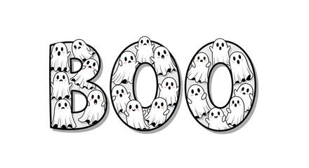 Cute cartoon ghosts forming the word BOO, a playful Halloween design ideal for seasonal greetings, cards, or decorations