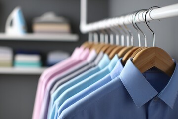 Neatly ironed shirts in pastel colors hanging on wooden hangers in a modern laundry room. Dry cleaning service, wardrobe care, fashion retail and professional clothing maintenance concept.