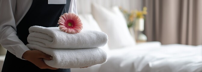 Housekeeper holding clean white towels with flower in hotel room. Concept of hospitality, luxury service, hygiene, comfort, cleanliness, and professional housekeeping in accommodation.