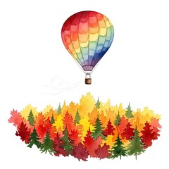 Fototapeta premium A vibrant hot air balloon ascends gracefully above a colorful autumn forest, its rainbow hues mirroring the spirit of adventure.