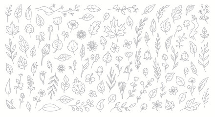 Collection of hand-drawn leaves and flowers in a minimalist style, perfect for botanical illustrations and nature-inspired designs.
